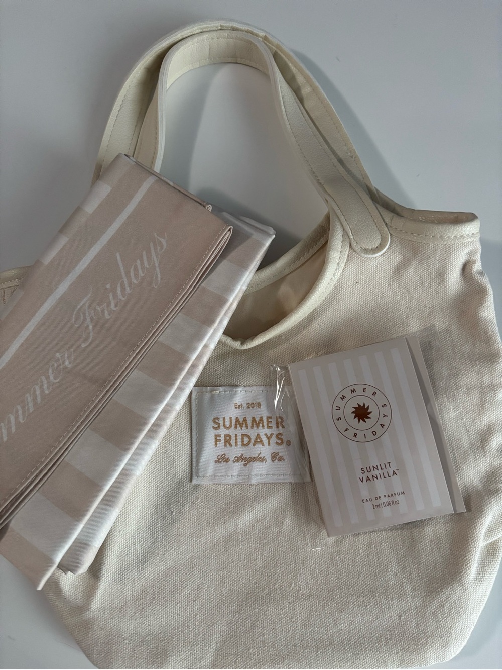 NEW Summer Fridays Canvas Tote & Large Scarf (~30X30”)+ Sunlit Vanilla sample